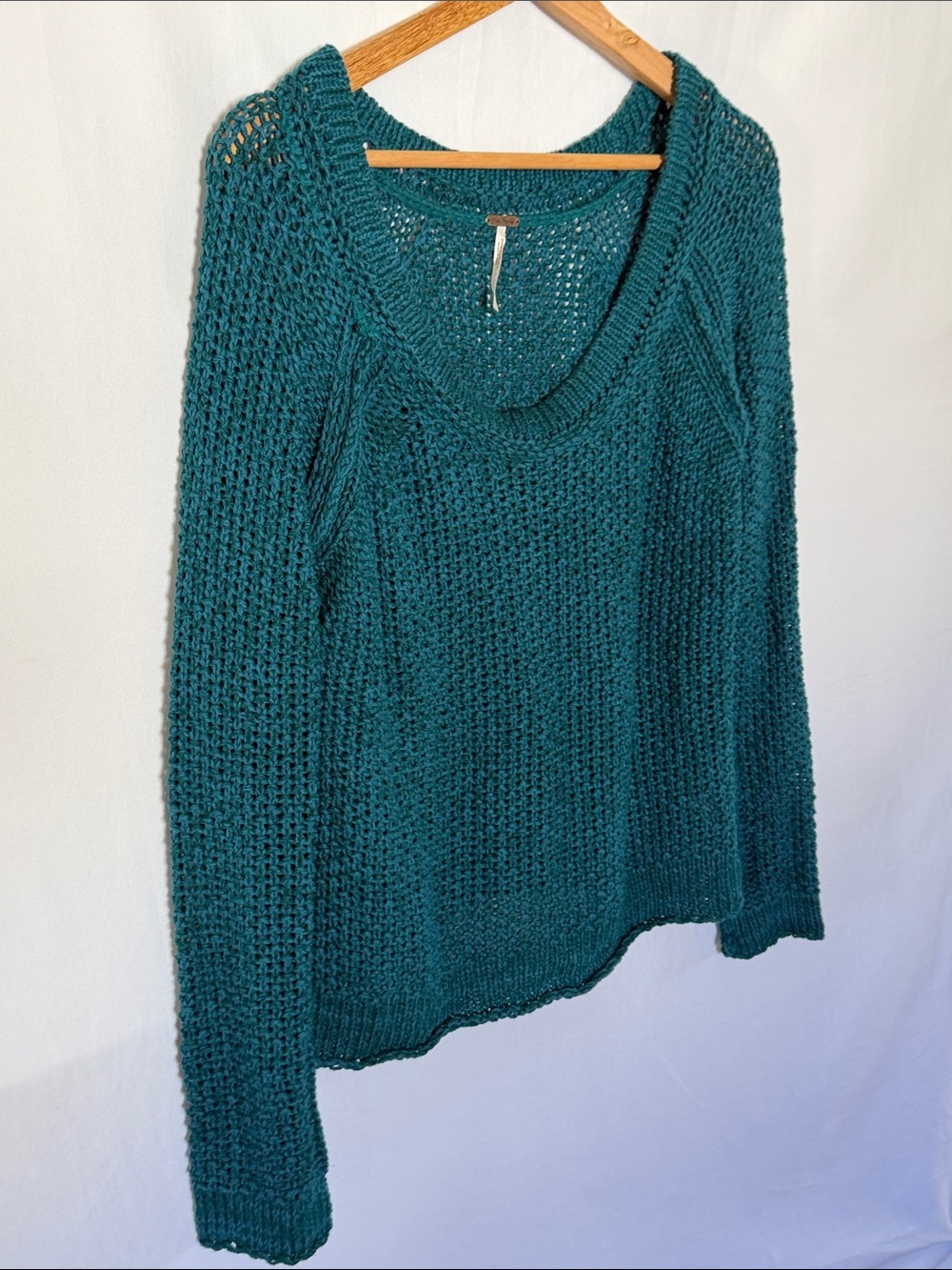 Free People Teal Open-Weave Scoop Neck Sweater